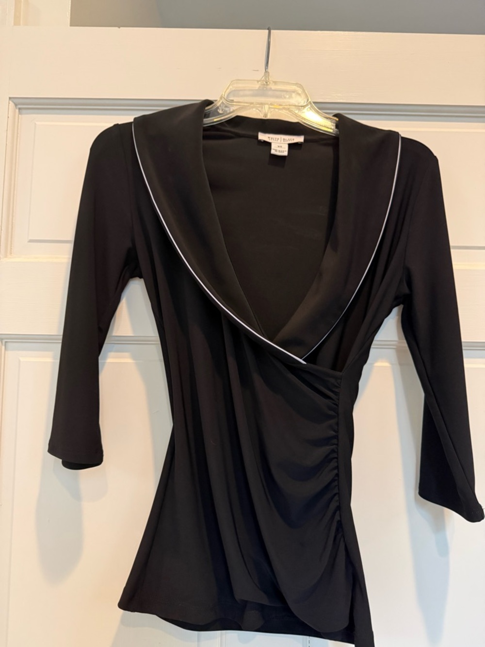 White House Black Market Black Draped V-Neck Top with Piped Trim